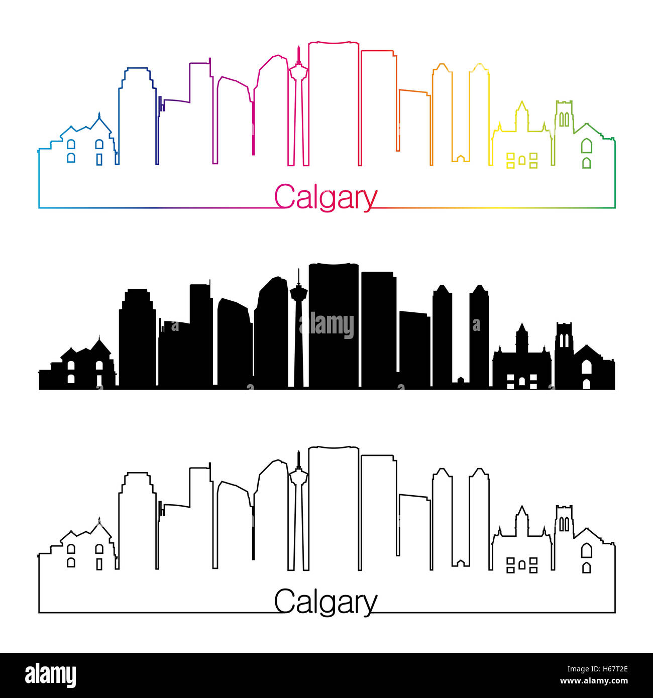 Calgary skyline linear style with rainbow in editable vector file Stock Photo