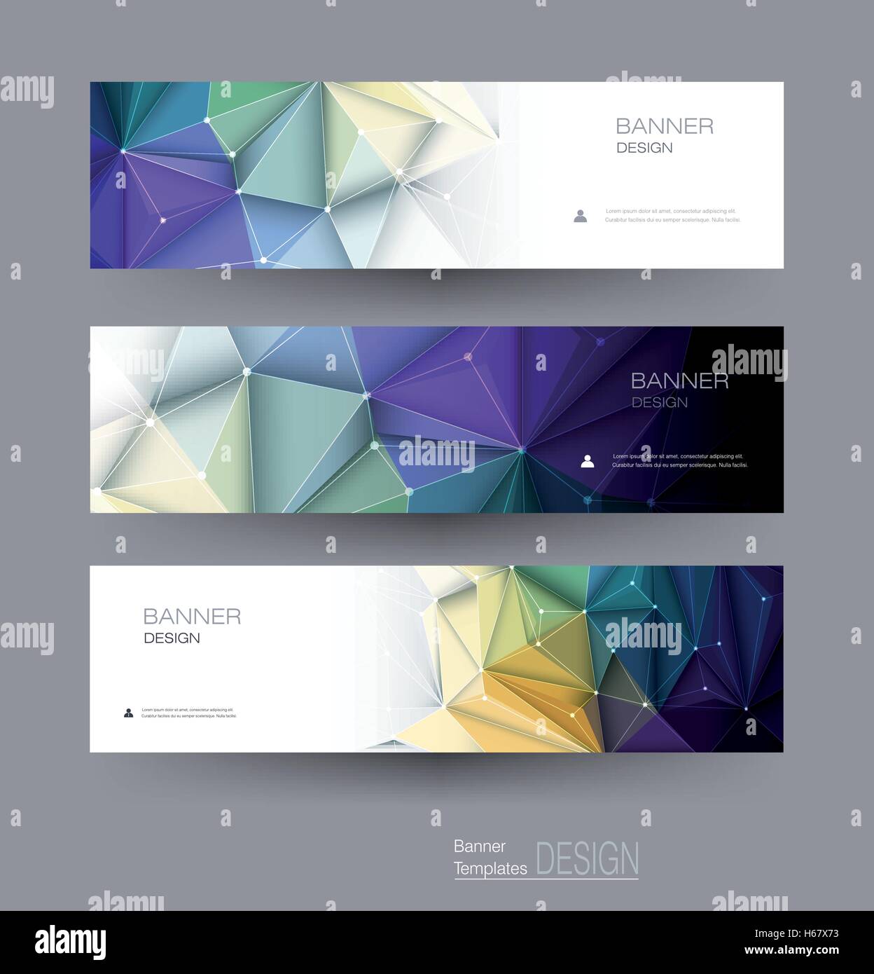 Vector abstract banners set with polygonal, Triangle pattern shape and molecule structure. Low poly banner with connecting dots  Stock Vector