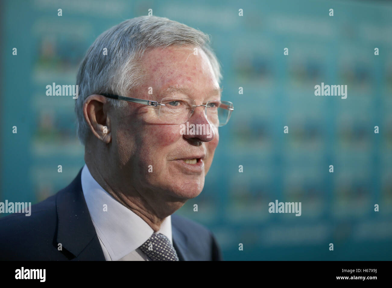 Sir Alex Ferguson speaks to the media during an event for the launch of the UEFA Euro 2020 Logo at the Glasgow Science Centre. Stock Photo