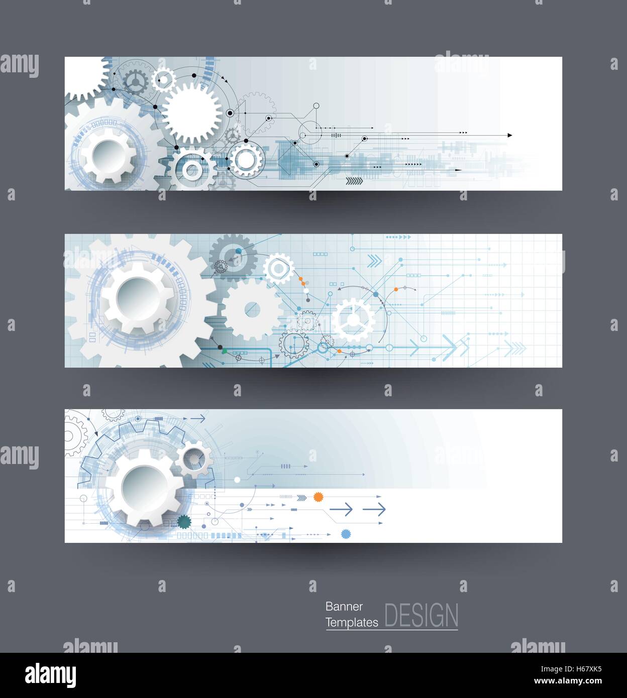 Vector abstract gear wheel and circuit board, banners set. High tech technology and engineering background Stock Vector