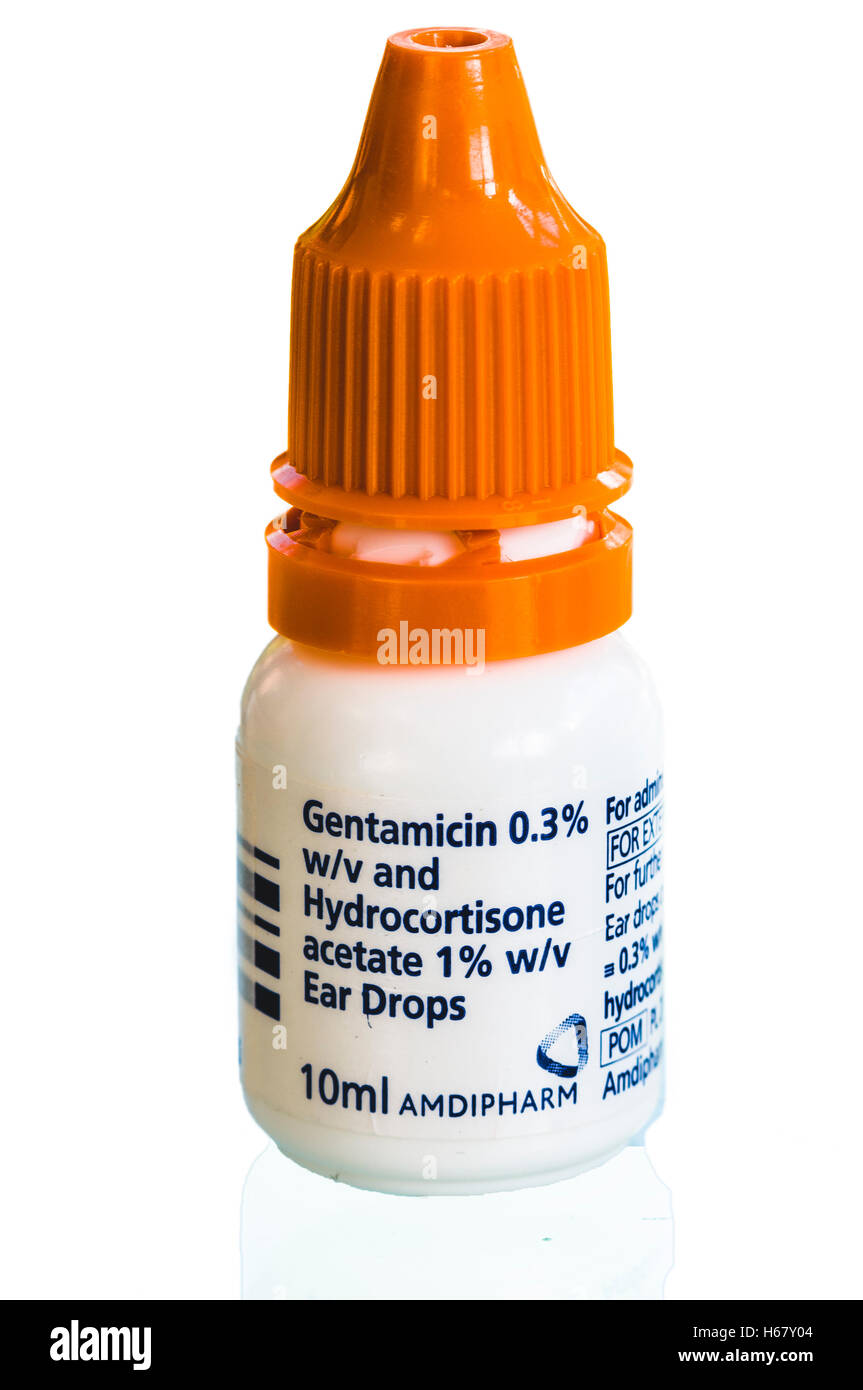 Gentamicin and Hydrocortisone acetate ear drops, for irritated and infected ears. Stock Photo
