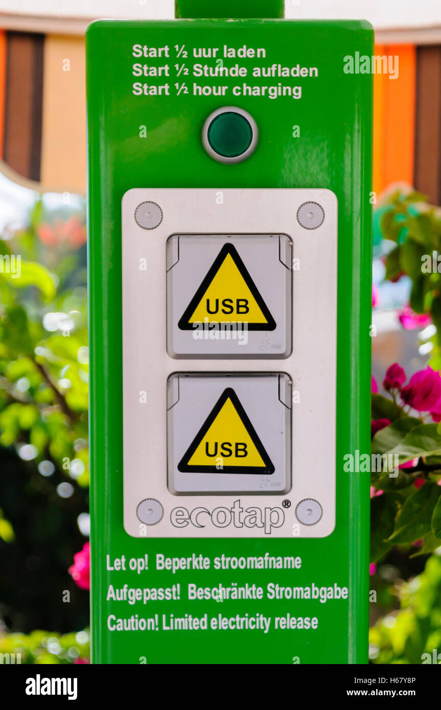 Solar powered outdoor USB chargers from Dutch company Ecotap Stock Photo