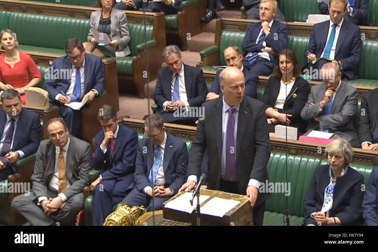 Transport Secretary Chris Grayling makes a statement on airport expansion in the House of Commons, London, as a third runway at Heathrow Airport has been given the go-ahead by the Government. Stock Photo