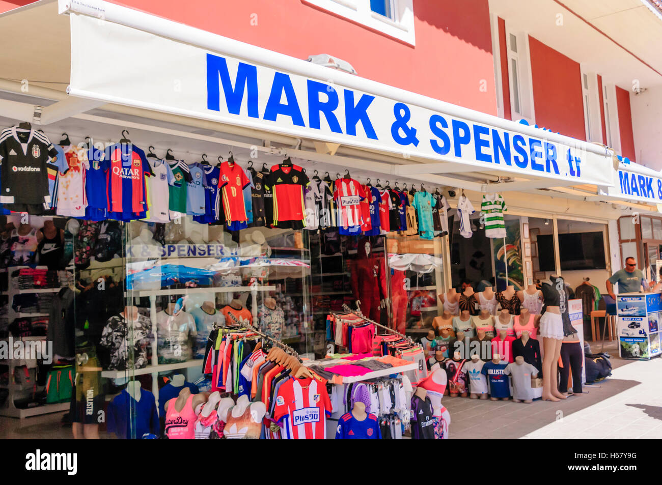 Clothese shop selling counterfeit goods calling itself Mark & Spenser in Turkey. Stock Photo