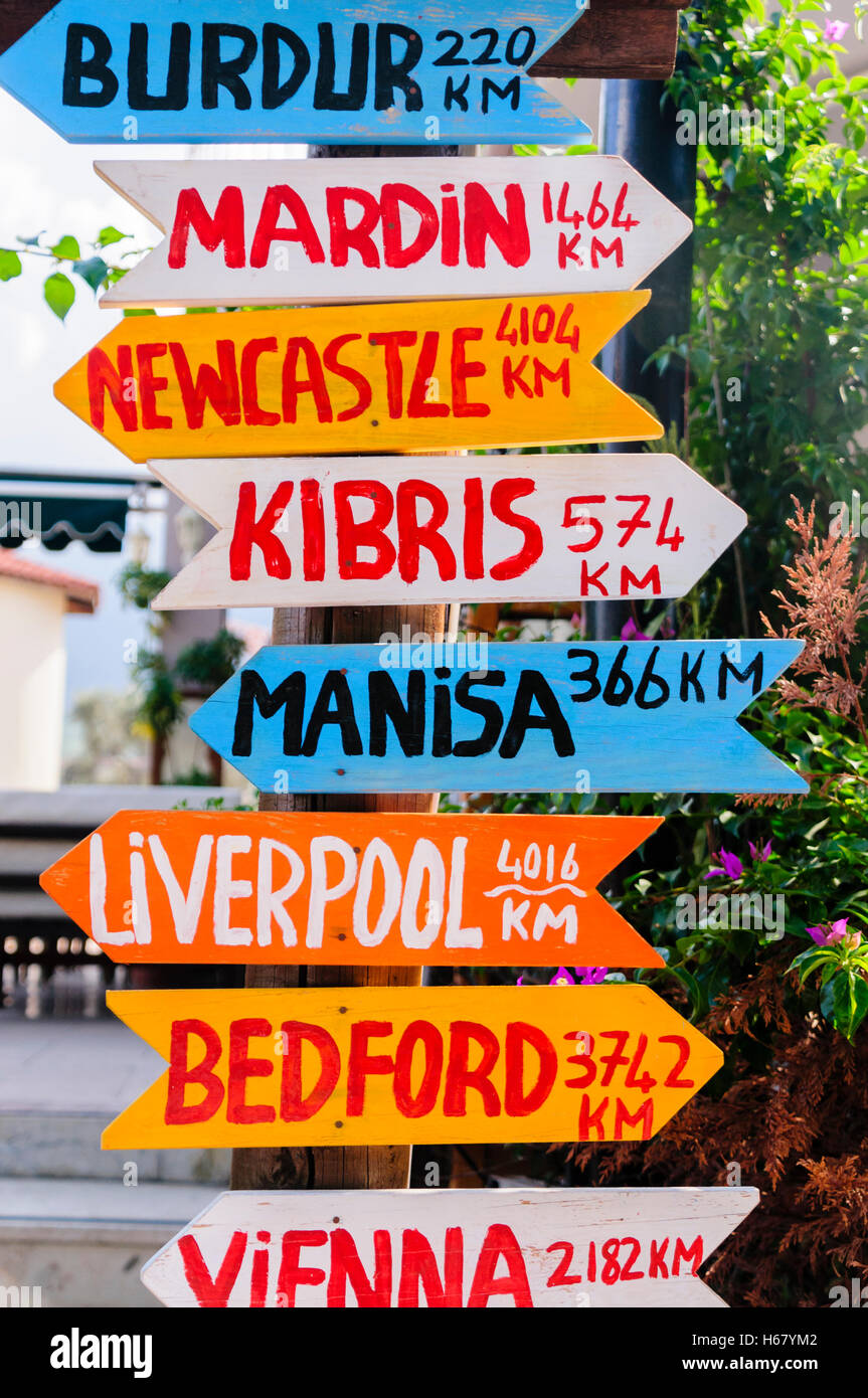 Multicoloured direction signs for cities around the world. Stock Photo