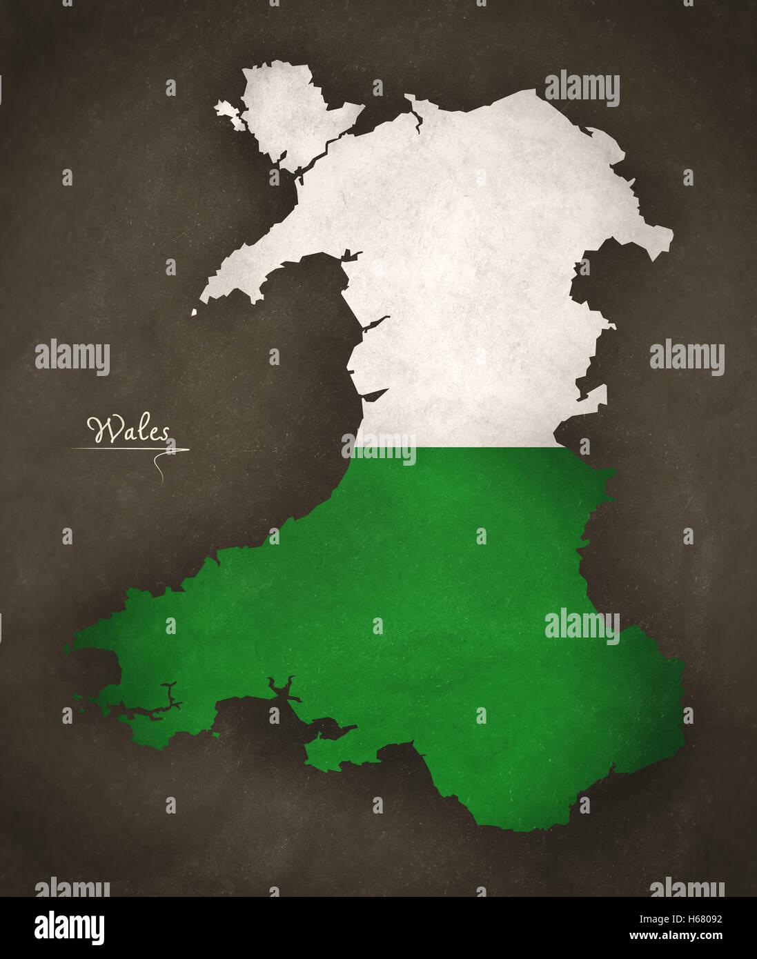 Wales map special vintage artwork style with flag illustration Stock Photo