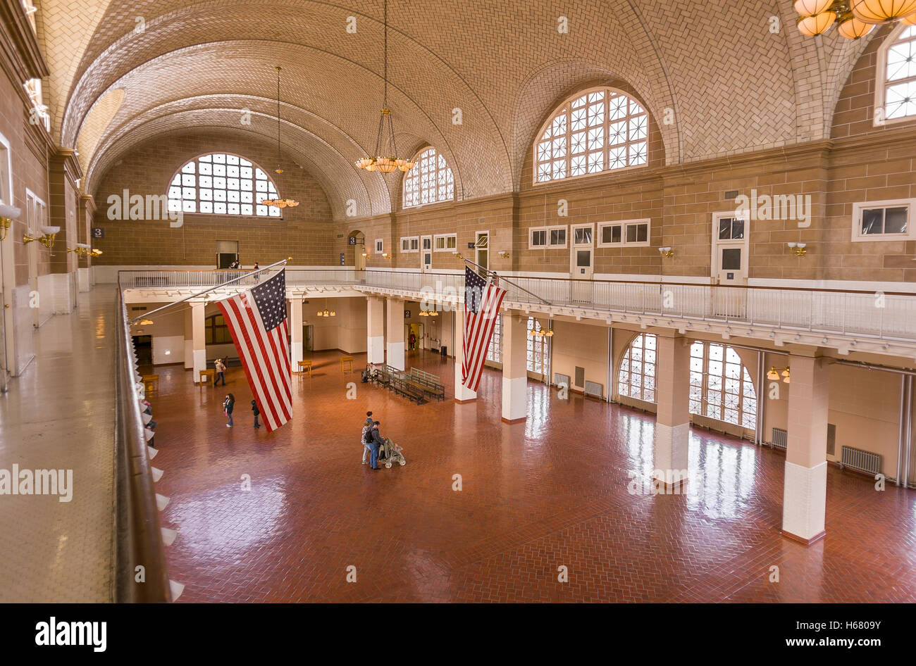 NEW YORK, NEW YORK, USA - Ellis Island Great Hall Registry Room. Stock Photo