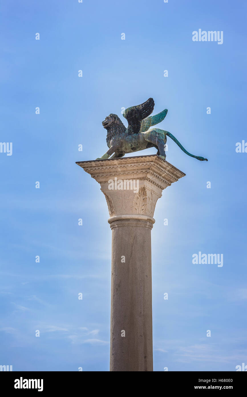 Winged St Mark Lion Venice symbol on its column. Italy, Europe. Stock Photo