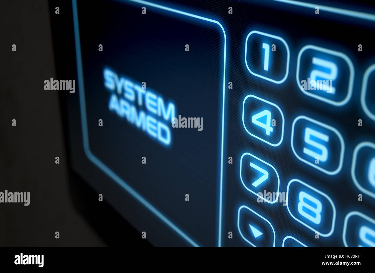 A 3D render of a modern touch screen interactive home security keypad access panel with an illuminated digital numeric keypad Stock Photo