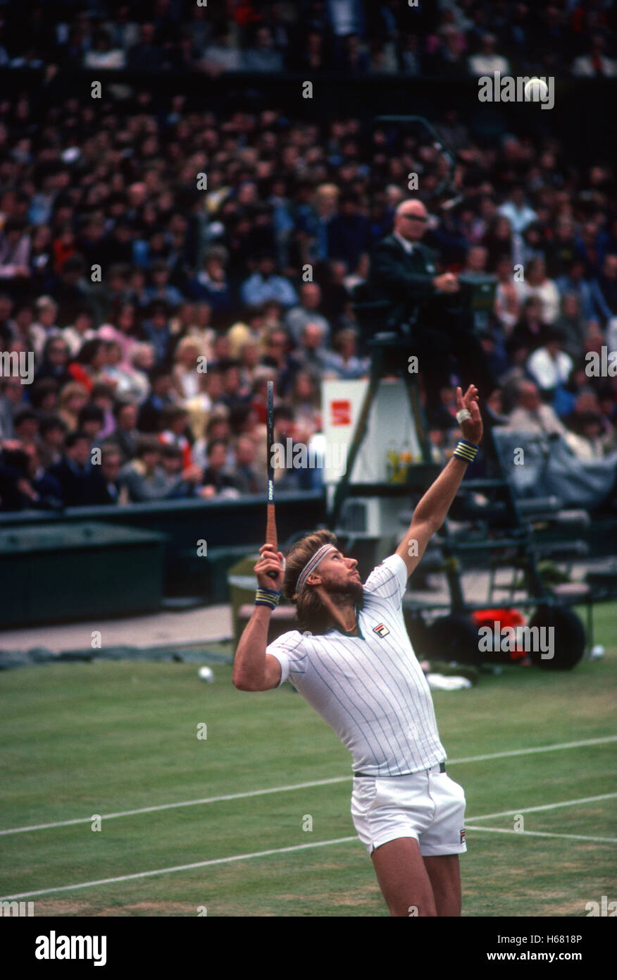 Bjorn Borg serving at Wimbledon, 1980, the year he won his fifth title. Stock Photo