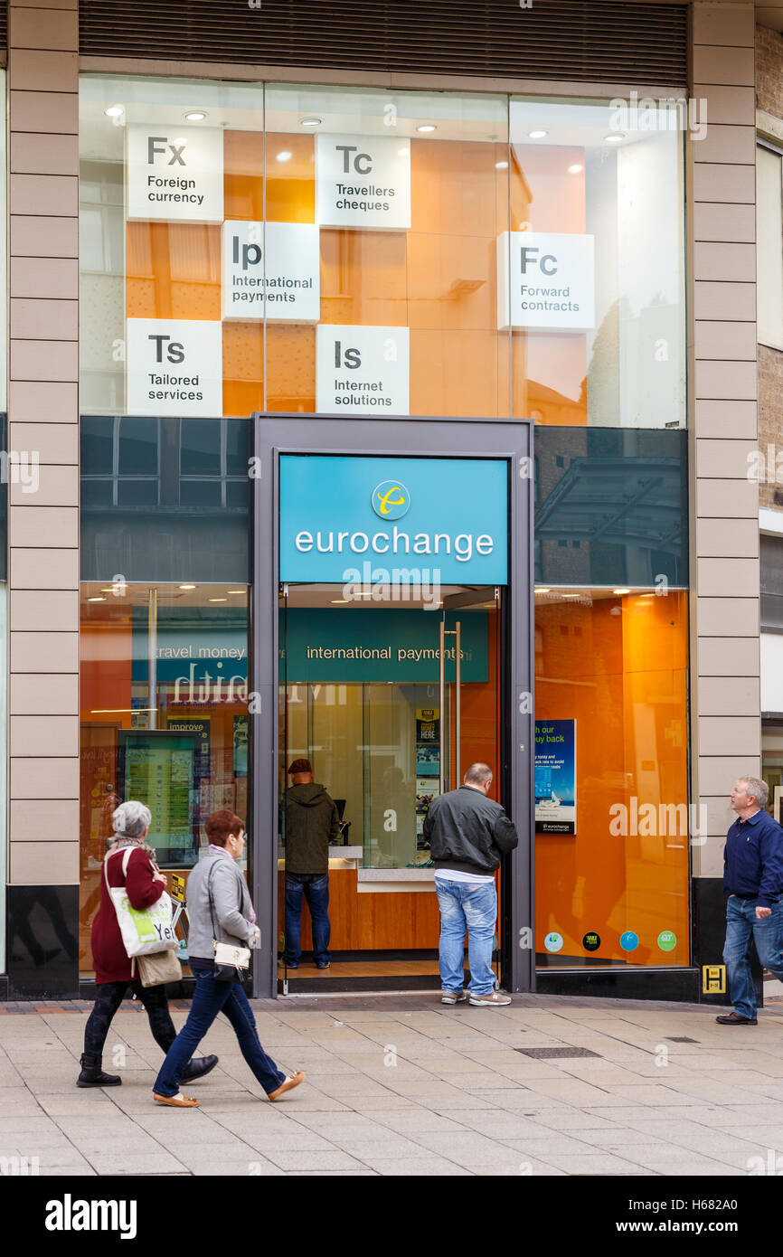 Frontage of the Eurochange store. On Listergate, Nottingham, England. Stock Photo