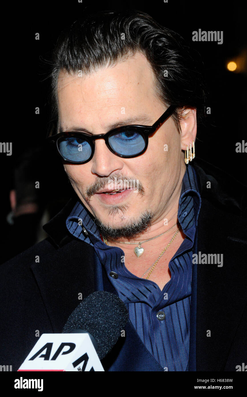 Actor Johnny Depp doing an interview with AP at the Maltin Modern Master award tribute during the 31st Santa Barbara International Film Festival at the Arlington Theater on February 4th, 2016 in Santa Barbara, California. Stock Photo