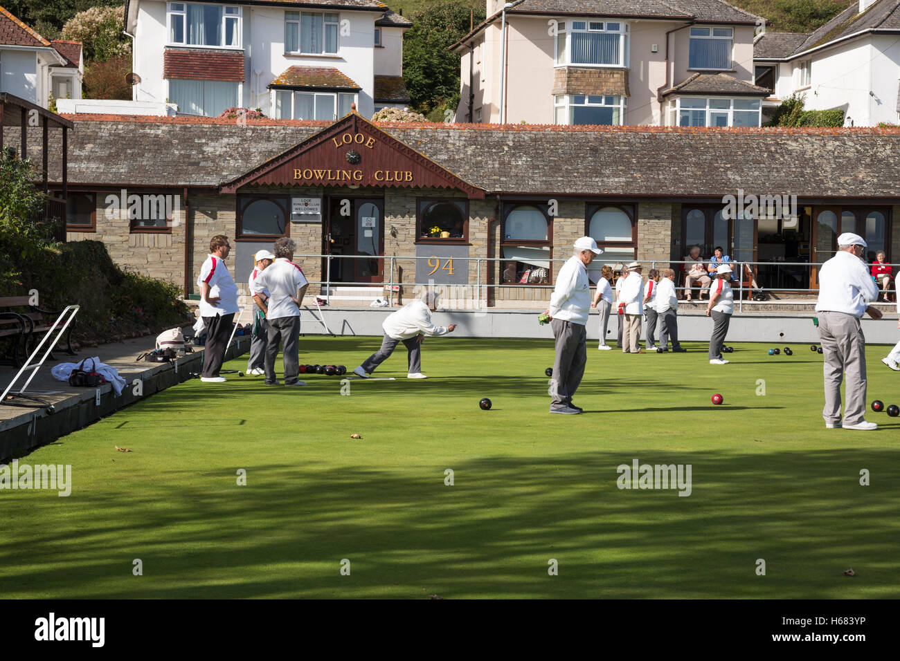 pensioners crown green bowls match on sunny day Stock Photo
