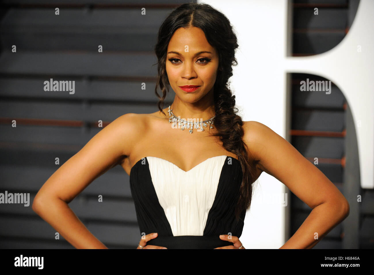 Zoe Saldana attends the 2015 Vanity Fair Oscar Party hosted by Graydon Carter at Wallis Annenberg Center for the Performing Arts on February 22nd, 2015 in Beverly Hills, California. Stock Photo
