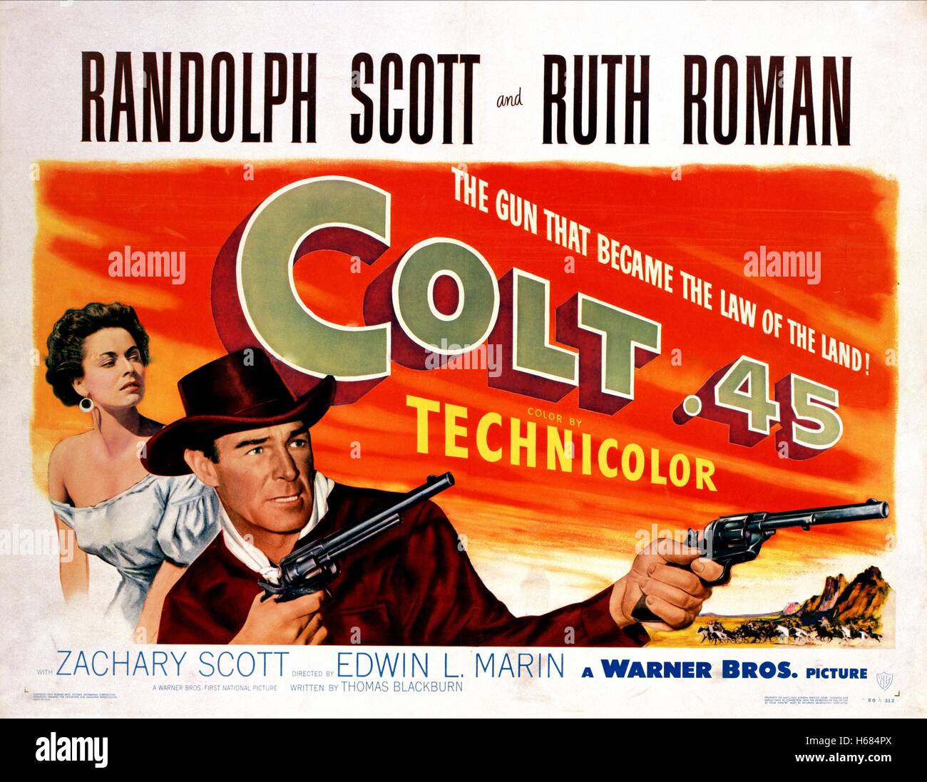 RUTH ROMAN, RANDOLPH SCOTT, COLT .45, 1950 Stock Photo