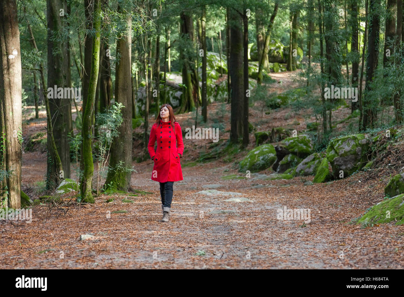 Young woman walking alone on a forest path wearing a red long coat. front view Stock Photo