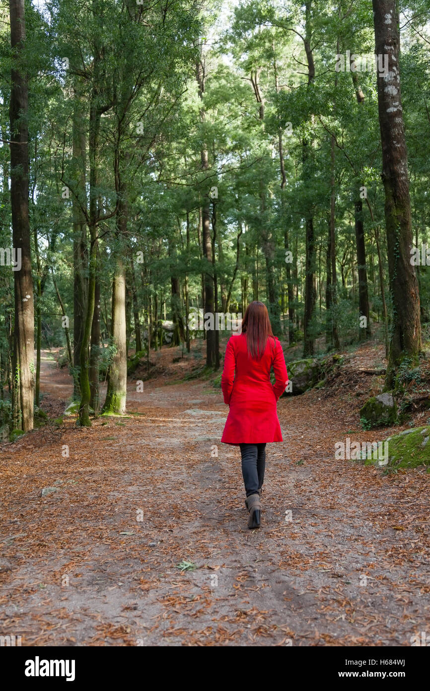 Young woman walking alone on a forest path with a red long coat /// woods lonely overcoat jacket wood walking strolling wandering away going back Stock Photo