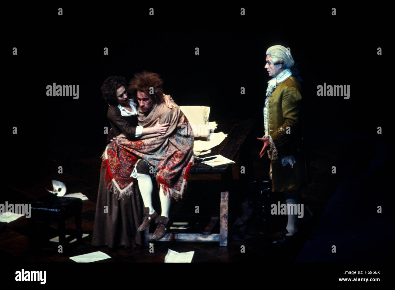 Simon Callow as Mozart and Felicity Kendal as Constanze Paul Scofield as Salieri in Peter Hall's original 1979 production of Amadeus written by Peter Shaffer at the National Theatre Stock Photo