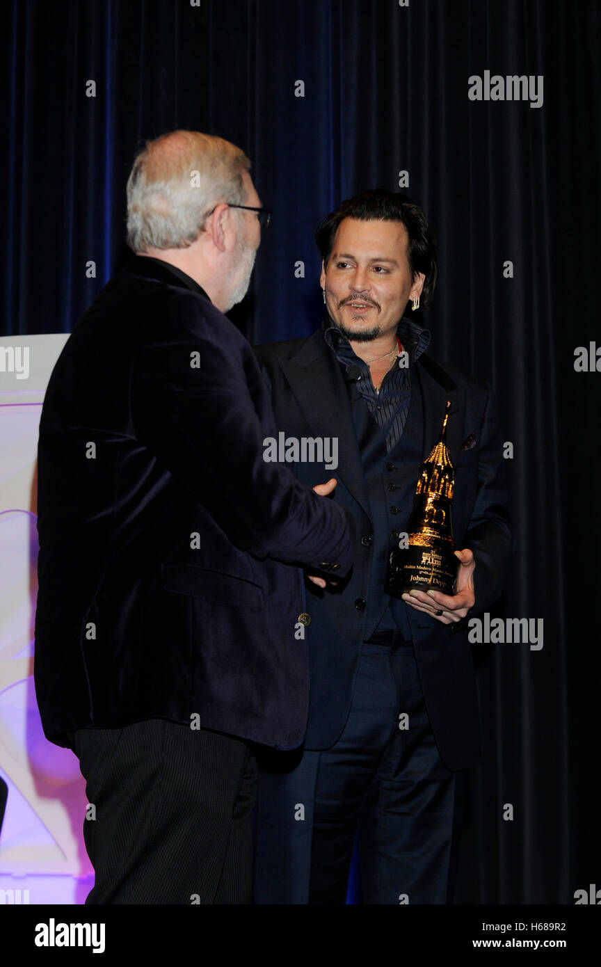 Actor Johnny Depp (r) and Leonard Maltin inside at the Maltin Modern ...
