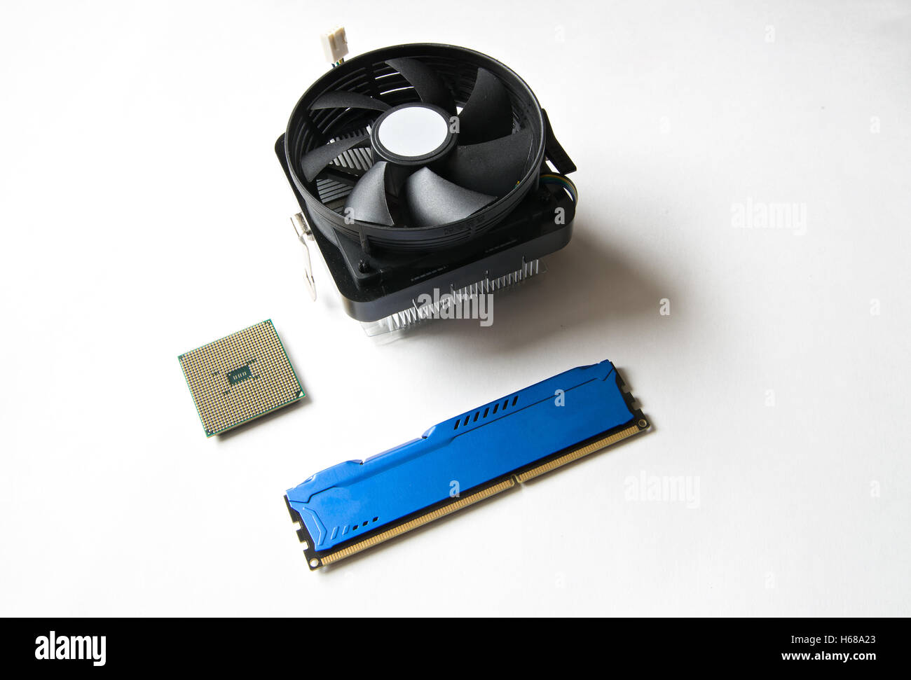Computer components on a white background. CPU, DDR RAM, Cooler Stock Photo