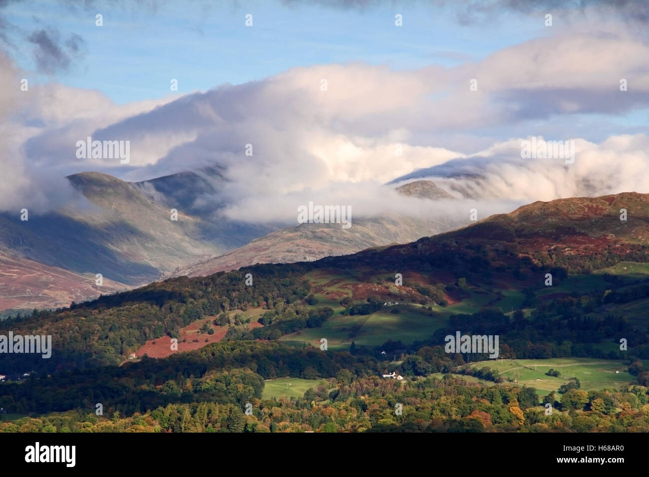 Low Cloud Formations over Fells in Cumbria Stock Photo