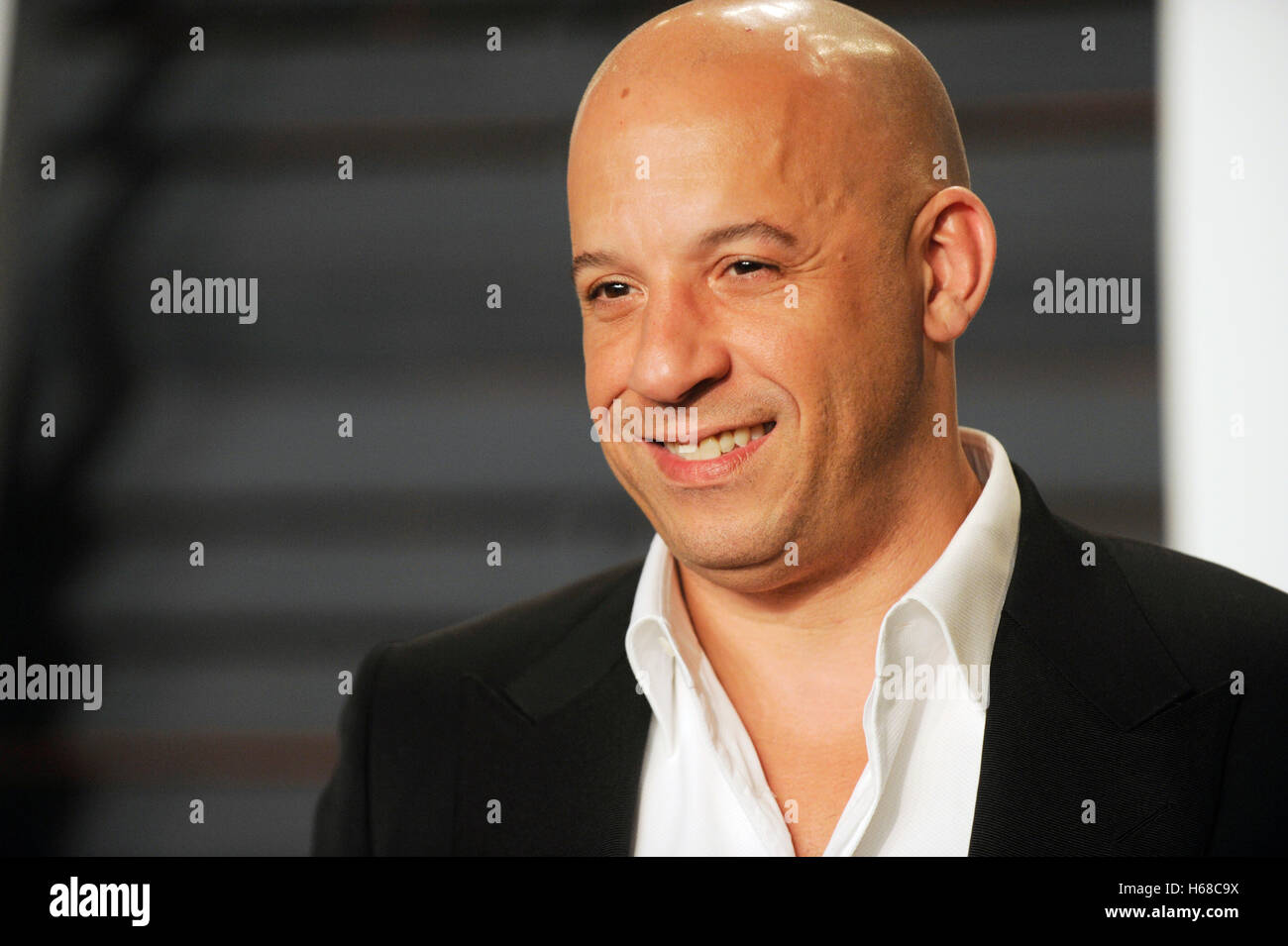 Actor Vin DIesel attends the 2015 Vanity Fair Oscar Party hosted by Graydon Carter at Wallis Annenberg Center for the Performing Arts on February 22nd, 2015 in Beverly Hills, California. Stock Photo