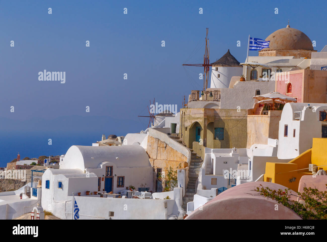 houses and mills in Oia on Santorini Stock Photo