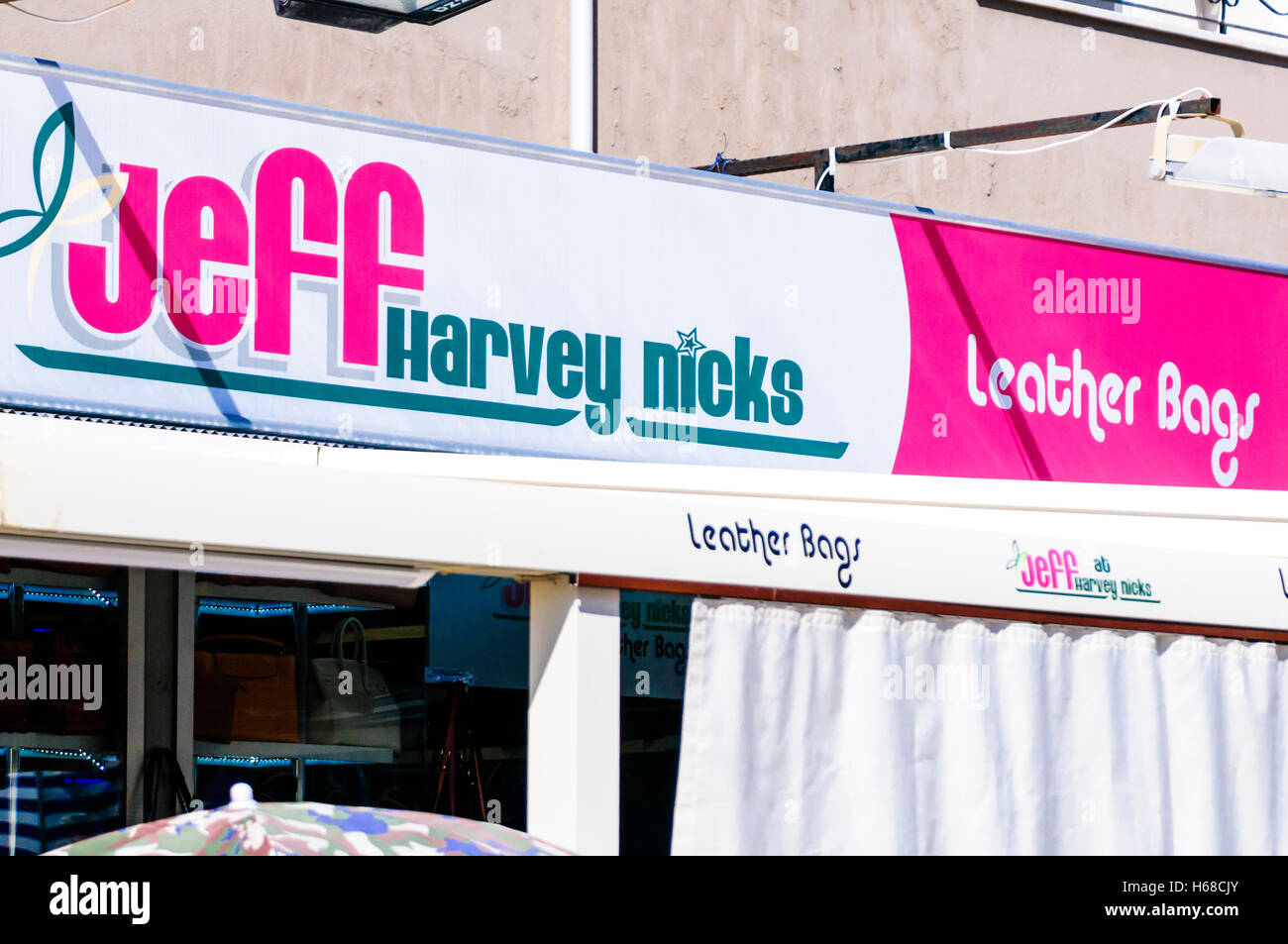 Ripoff shop calling itself 'Jeff Harvey Nicks' selling counterfeit leather bags in Oludeniz, Turkey Stock Photo