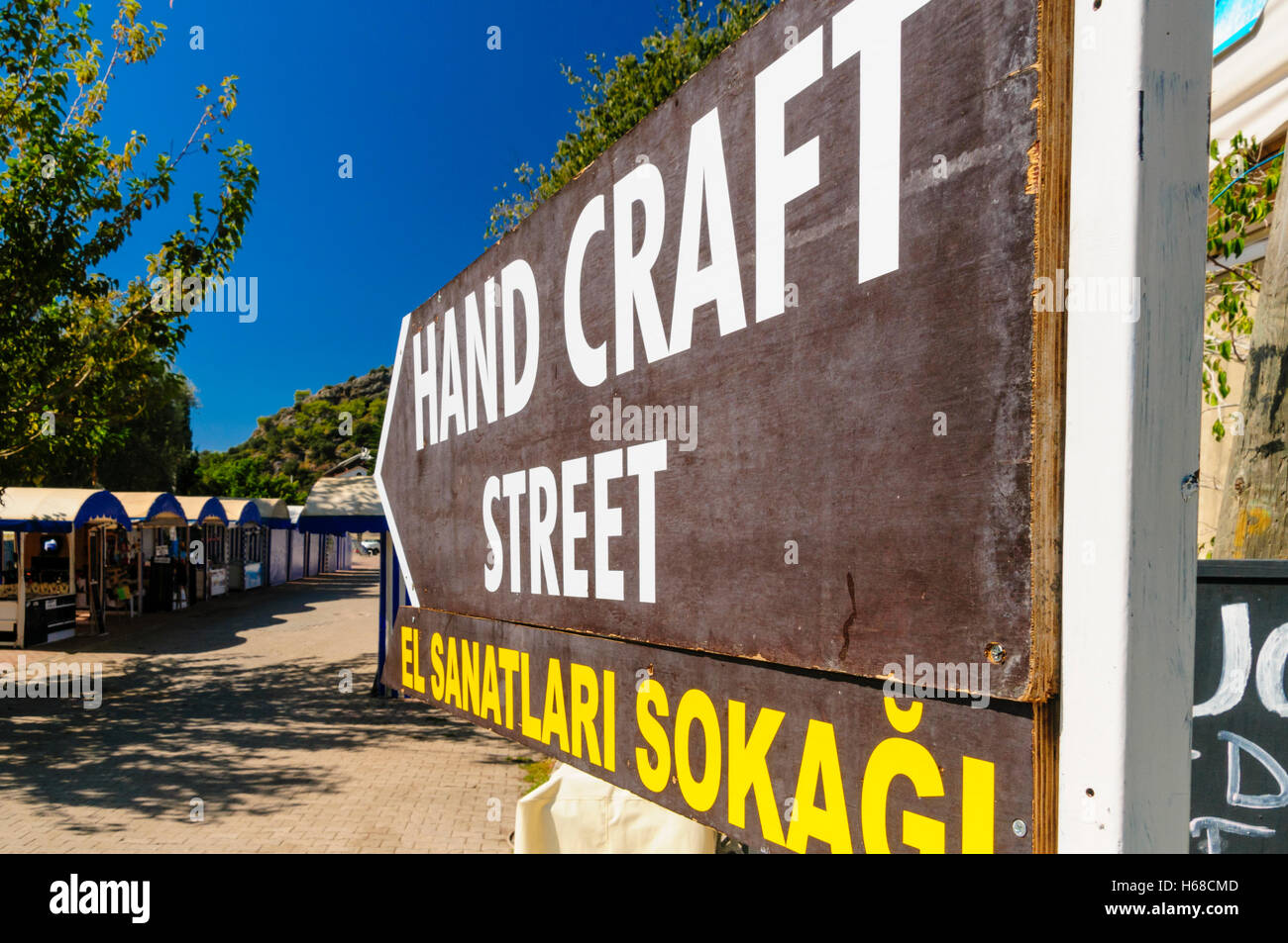 Sign for 'Hand Craft Street' in Oludeniz, Turkey in English and Turkish Stock Photo
