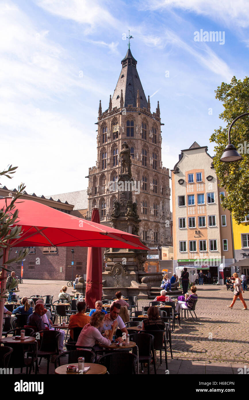 Europe, Germany, Cologne, the Old Market in the old part of the town, pavement cafes, tower of the historical town hall, Jan-von Stock Photo