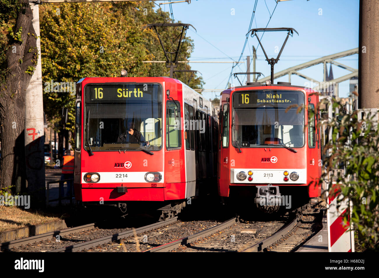 Germany, Cologne, two trams of the line 16 in the district Bayenthal. Stock Photo
