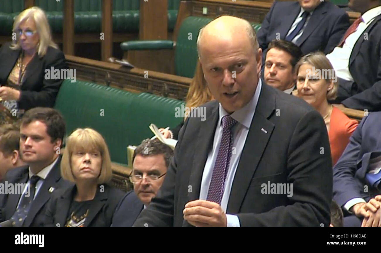 transport Secretary Chris Grayling makes a statement on airport expansion in the House of Commons, London, as a third runway at Heathrow Airport has been given the go-ahead by the Government. Stock Photo