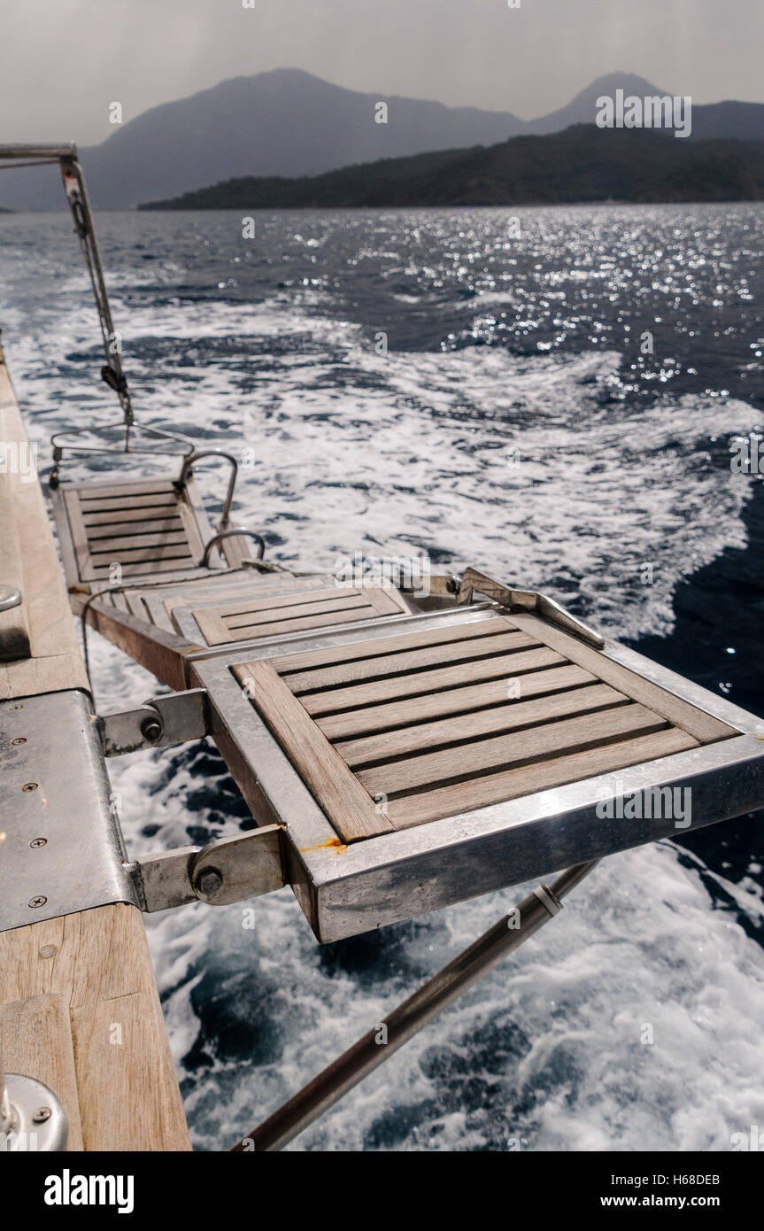 A wooden gangway on the side of a ship Stock Photo