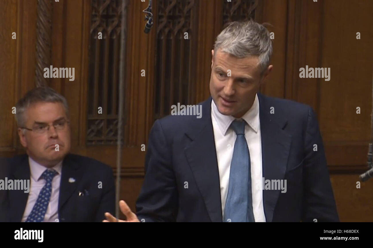 Zac Goldsmith speaks after a statement from Transport Secretary Chris Grayling on airport expansion in the House of Commons, London, as a third runway at Heathrow Airport has been given the go-ahead by the Government. Stock Photo