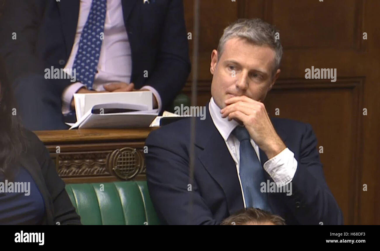 Zac Goldsmith after a statement from Transport Secretary Chris Grayling on airport expansion in the House of Commons, London, as a third runway at Heathrow Airport has been given the go-ahead by the Government. Stock Photo