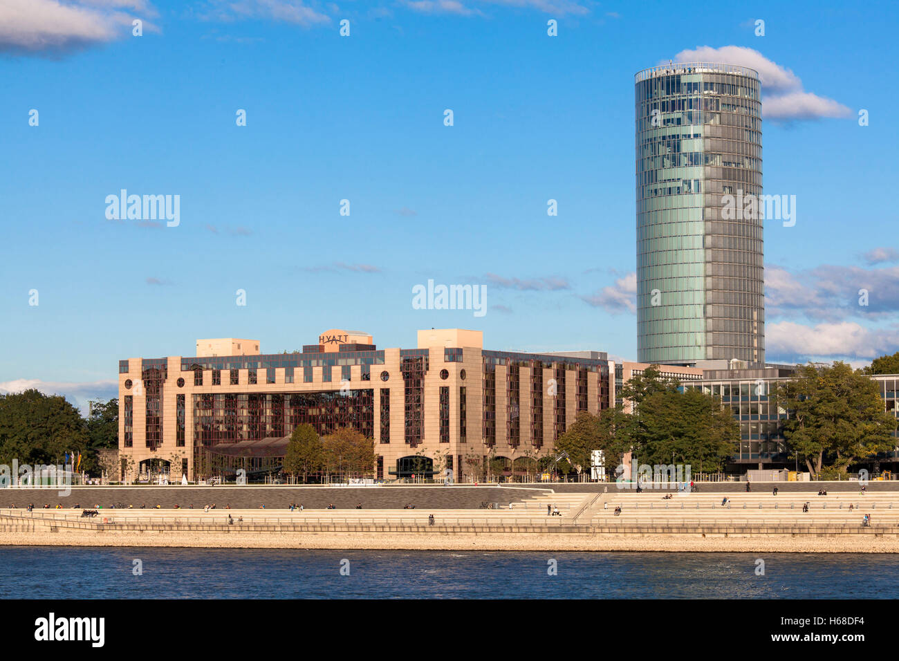 Germany, Cologne, Hotel Hyatt  Regency and the Cologne Triangle skyscraper in the district Deutz. Stock Photo