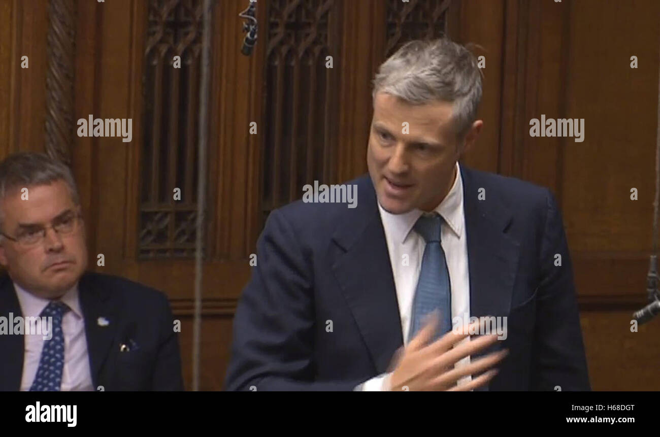 Zac Goldsmith speaks after a statement from Transport Secretary Chris Grayling on airport expansion in the House of Commons, London, as a third runway at Heathrow Airport has been given the go-ahead by the Government. Stock Photo