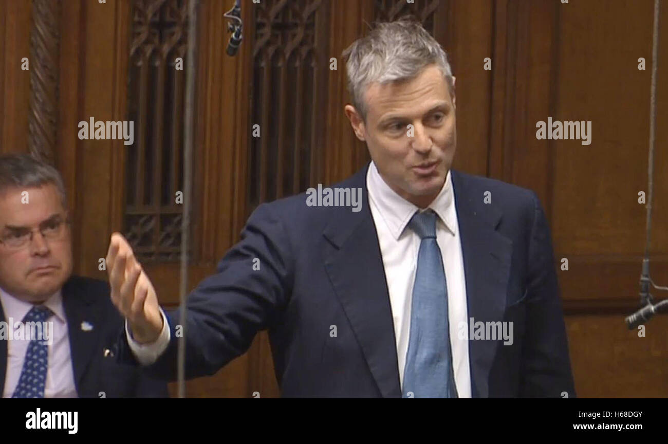 Zac Goldsmith speaks after a statement from Transport Secretary Chris Grayling on airport expansion in the House of Commons, London, as a third runway at Heathrow Airport has been given the go-ahead by the Government. Stock Photo