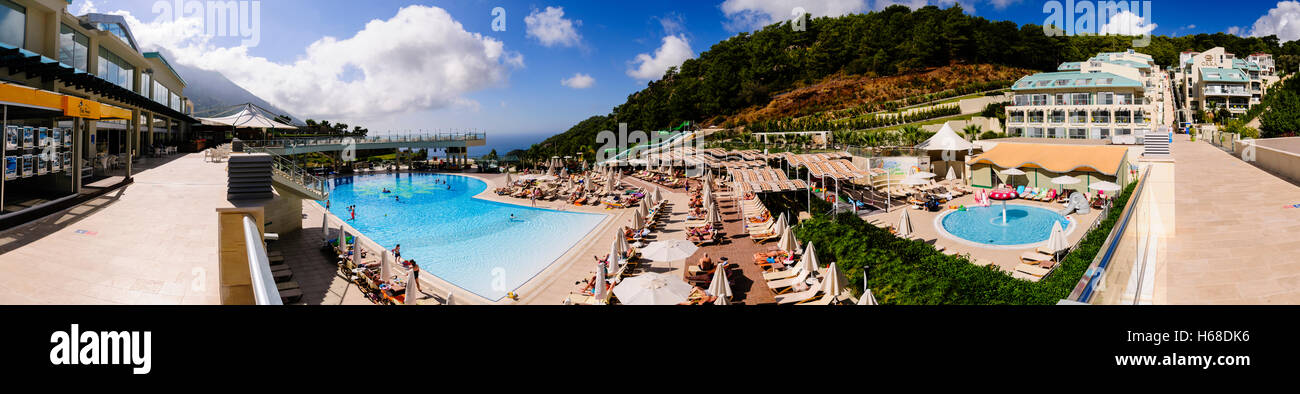 Panorama view of the pool area at the Orka Sunlife hotel in Turkey Stock Photo