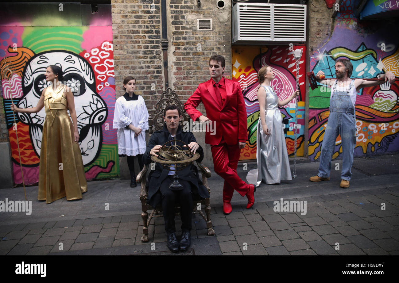 Morgan Crowley as Giordano Bruno (seated) and fellow cast members (from the left) Caitriona O'Leary, Aimee Banks, Robert Crowe, Daire Halpin and Jack Walsh take part in a photocall for 'Heresy' An Electronic Opera by Roger Doyle at the Project Arts Centre in Dublin's Temple Bar. Stock Photo