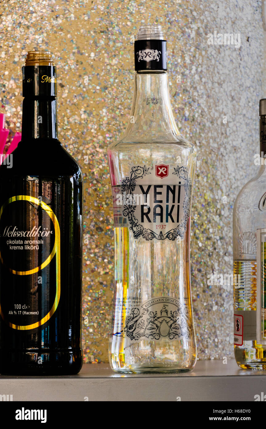 A bottle of Turkish Yeni Raki on the shelf of a bar in an all-inclusive Turkish hotel Stock Photo