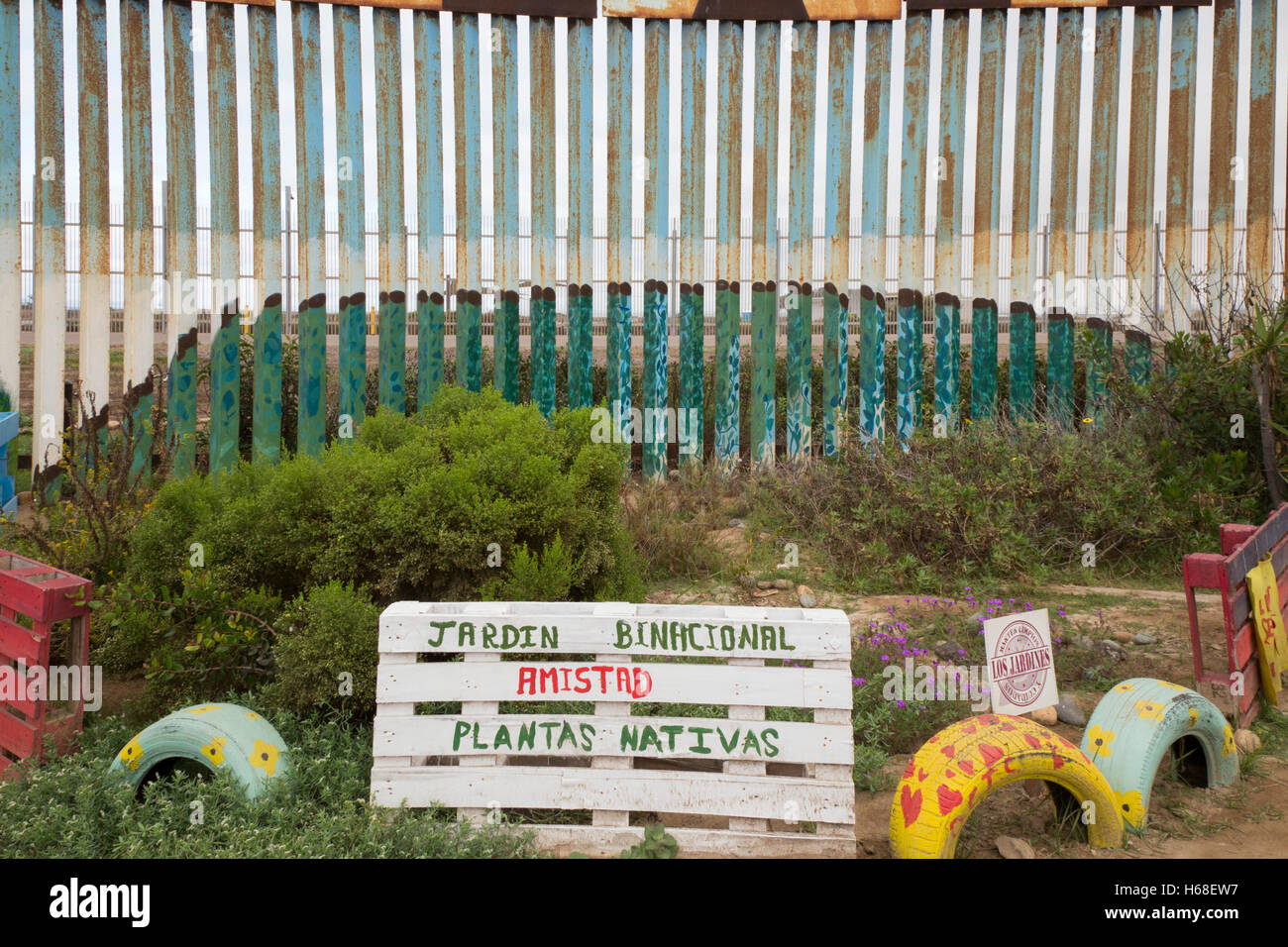 Tijuana, Mexico - The Binational Friendship Garden is maintained by volunteers on both sides of the U.S.-Mexico border fence. Stock Photo