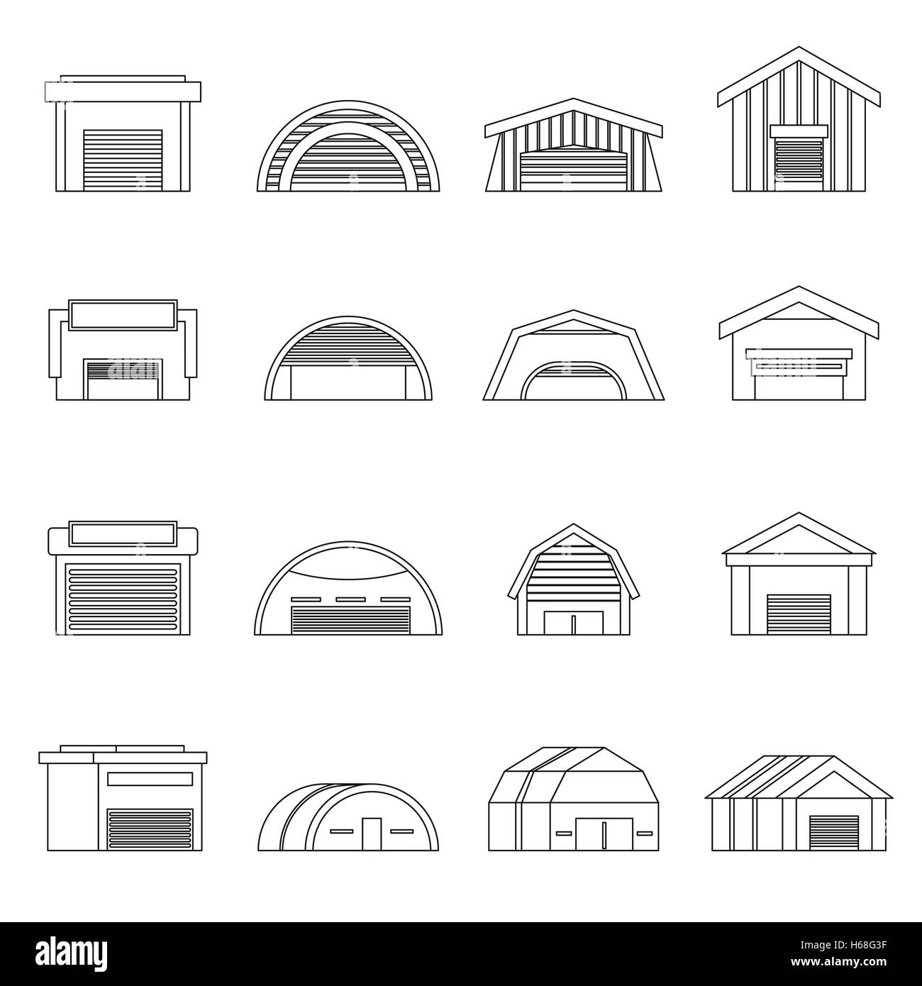 Hangar icons set, outline ctyle Stock Vector