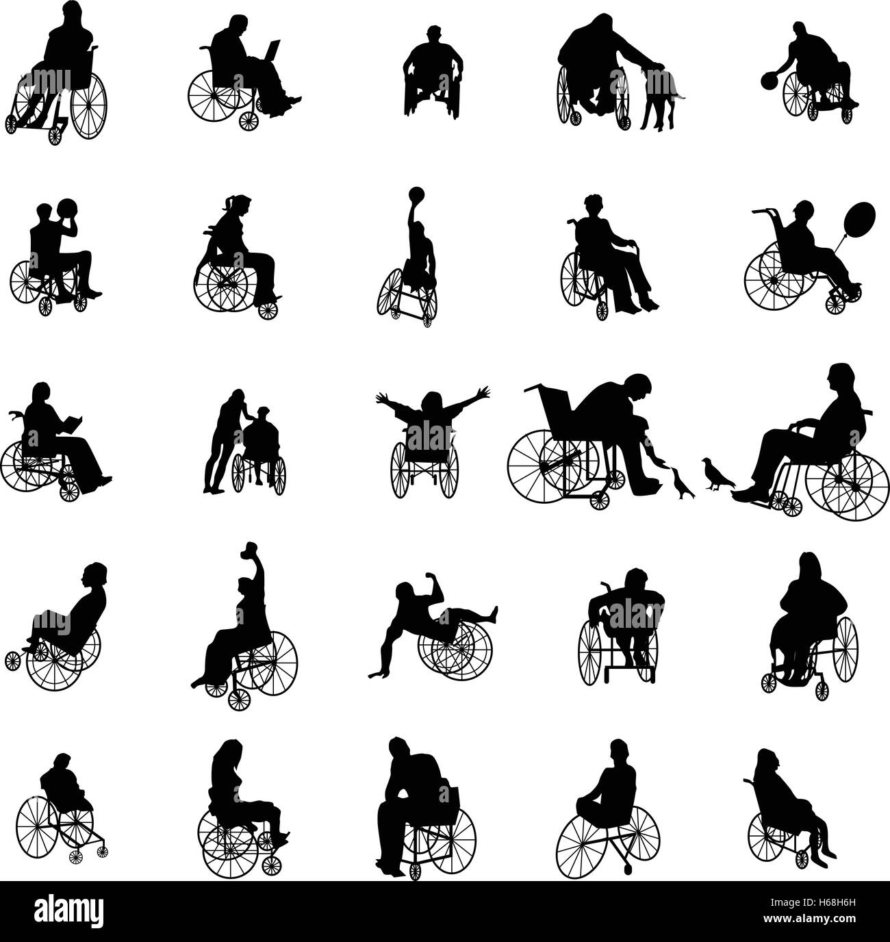 Man and woman in wheelchair silhouettes Stock Vector