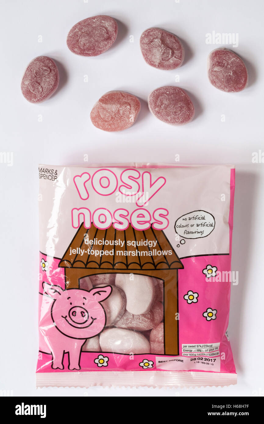 Bag of Marks & Spencer rosy noses sweets opened  with contents spilled isolated on white background Stock Photo