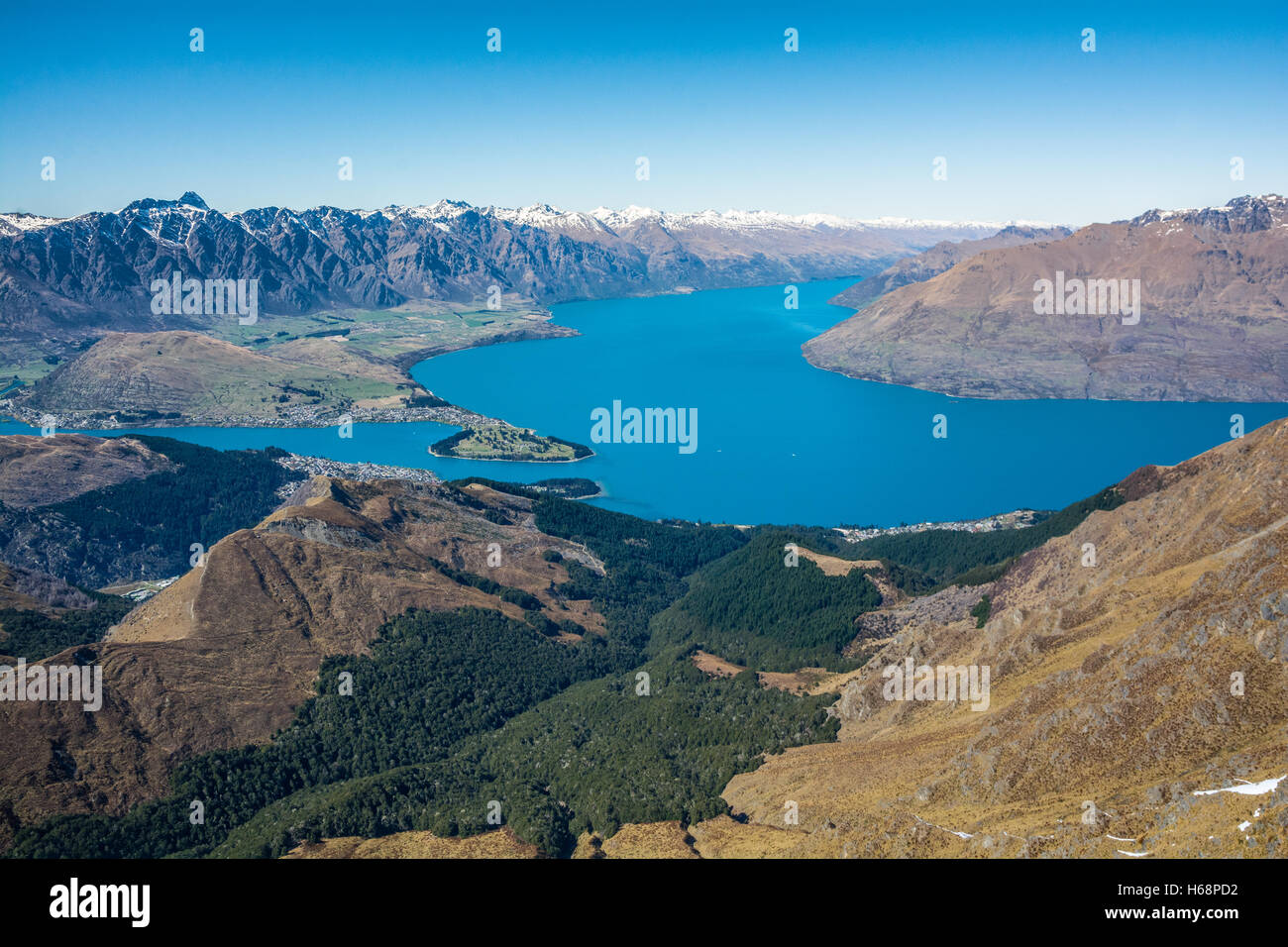 New Zealand Queenstown Lake Wakatipu Landscape view from above - South Island Stock Photo