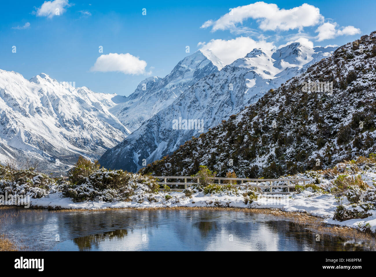 Beautiful Landscape of Mount Cook reflected in winter lake - New Zealand Stock Photo