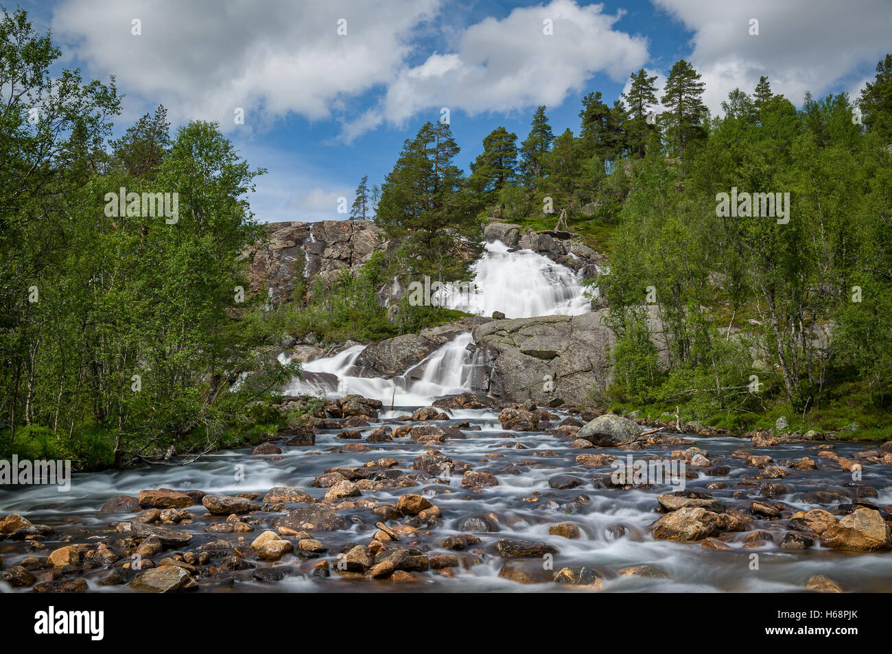 Long exposure photo of waterfall on the mountain river in Norway. Stock Photo