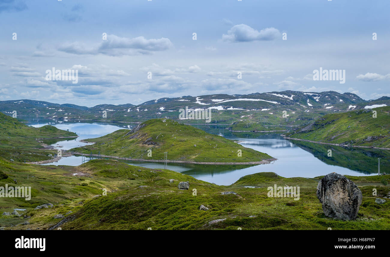 Hills, islands and lake water nordic landscape. Stock Photo