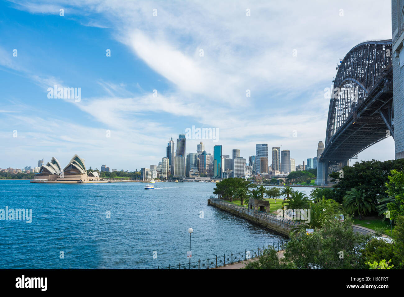 Sidney Bay with view on CBD Skyline, Sidney Bridge and Opera House, Australia Stock Photo